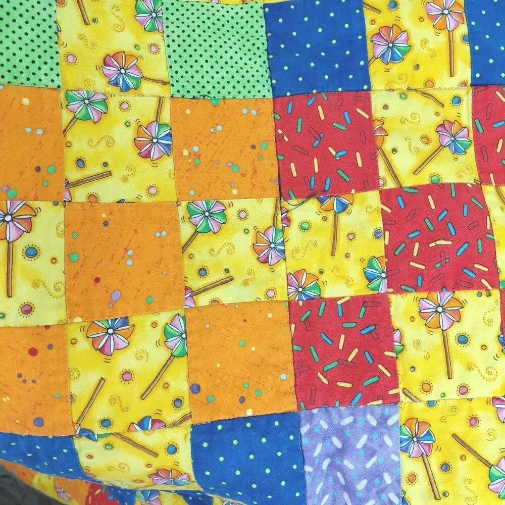 Handmade Baby Lap Picnic Wall Quilt Bright Summer Pinwheel Cotton Yellow Green